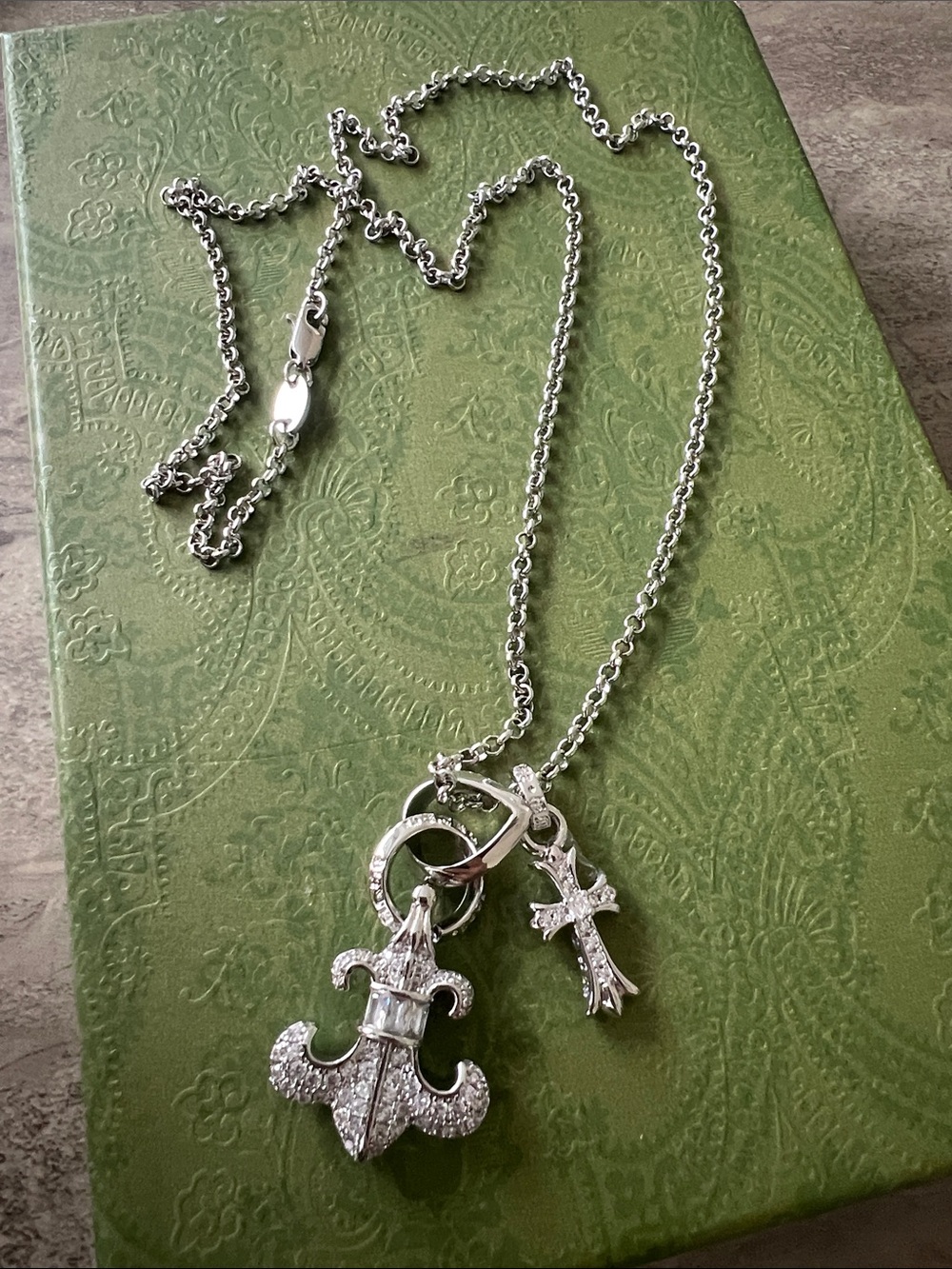 Copper plated silver Cross Pendant long Necklace - Silver rhinestone bling new